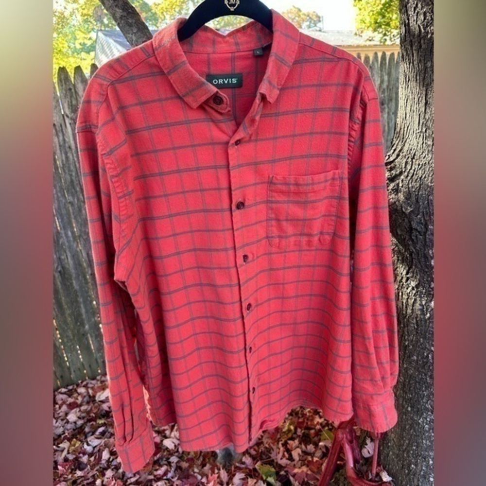 Orvis Men’s Long Sleeve Button Down Cotton & Merino Shirt (Coral & Gray Plaid) - Picture 2 of 7